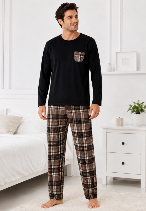 Pijama barbati Serena cu maneca lunga si pantalon lung-Negru,Engros